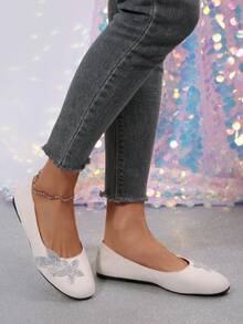 Women's Flat Shoes With Rhinestone Square Buckle, Soft Sole, Non-Slip, Versatile Round Toe, All-Season Wear - White - View 4