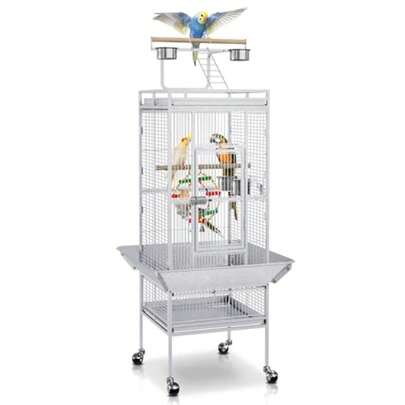 Jaula de pájaros grande 2 en 1 de 61 pulgadas con soporte con ruedas y plataforma de juego, jaula para loros, chinchillas, pinzones, guacamayos, conures, ninés, cacatúas, casa para mascotas, jaula de hierro forjado, blanca