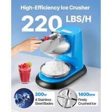 Ice Crusher Machine, 220lbs Per Hour Electric 4 Blades Snow Cone Maker, Stainless Steel Shaved Ice Machine With Bowl And Cover, 300W 1400RPM Ice-Shaver For Home And Commercial Use, Blue - 300W 1400RPM - View 2