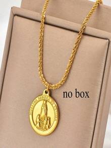 1pc Stainless Steel Round Virgin Mary Pendant Necklace, Religious Fashion Vintage Casual Ramadan Festival Gift, Daily Wear, Street Style Party (OPP Bag Packaging Box For Shooting Only) - Yellow Gold - View 1