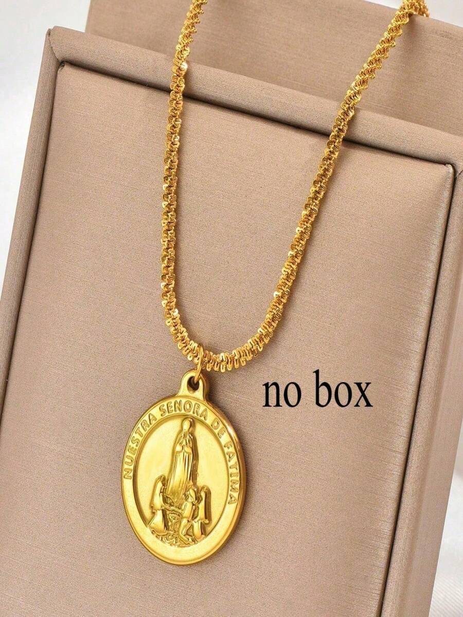 1pc Stainless Steel Round Virgin Mary Pendant Necklace, Religious Fashion Vintage Casual Ramadan Festival Gift, Daily Wear, Street Style Party (OPP Bag Packaging Box For Shooting Only) - Yellow Gold - View 1