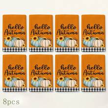 2pcs Orange Autumn Pumpkin Print Kitchen Towels, Rustic Farmhouse Style Rectangular Absorbent Hand Towels, Hello Autumn Lettering, Sunflower And Black & White Plaid Design, Suitable For Thanksgiving Kitchen Decor 4/6/8pcs Set - Multicolor - View 10