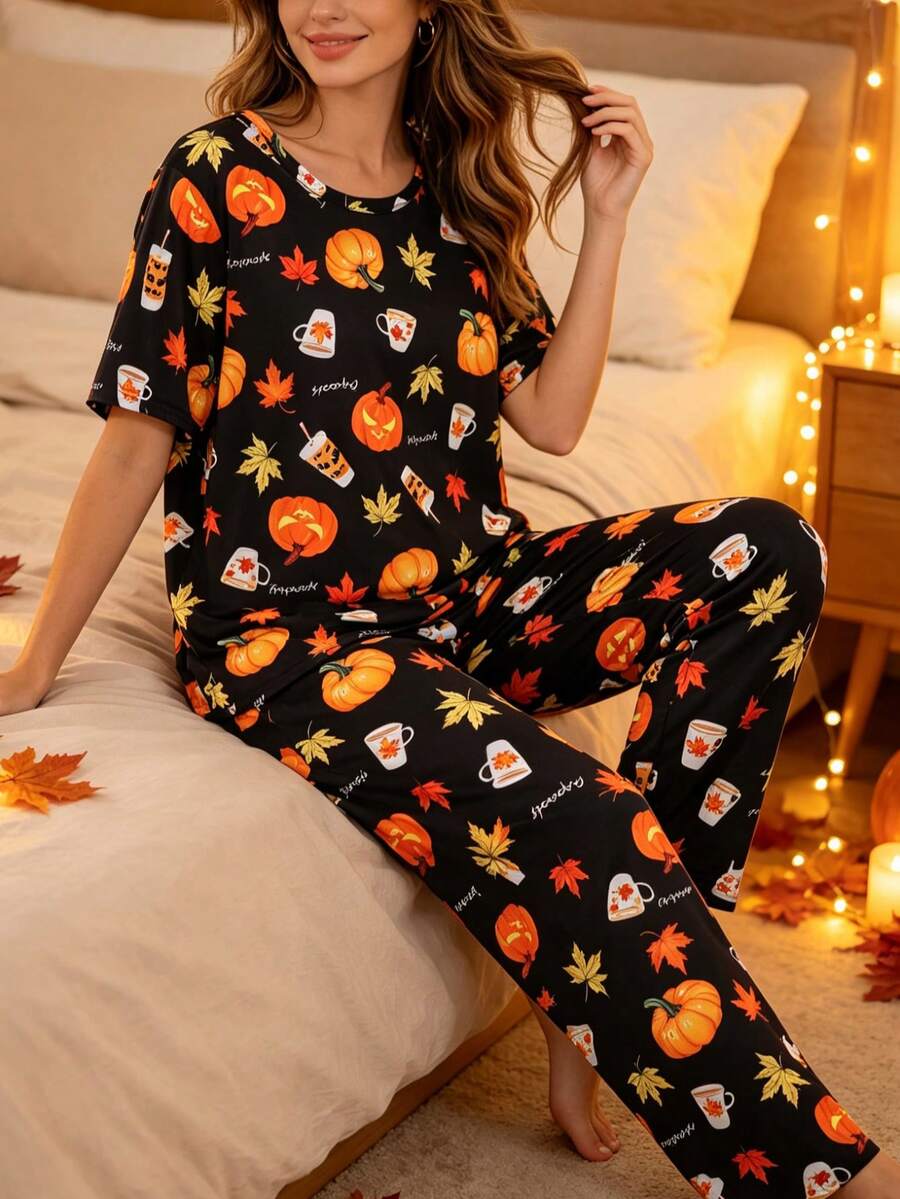 2-Piece Women's Halloween Pajama Set, Pumpkin & Maple Leaf Print, Short Sleeve Crew Neck Top And Long Pants Set, Comfortable Loose Fit For Home Wear, All Season