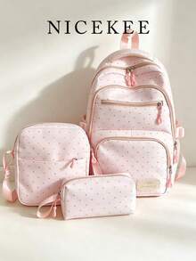 College Style Multi Layered Gentle Wave Point Backpack Three Pieces Set, Relaxed And Simple Versatile Fashionable Backpack Set, Suitable For Campus - Multicolor - View 2