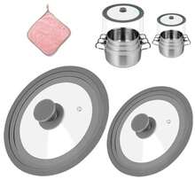 2 Piezas Tapas para Sartenes, Tapa Universal para Ollas, Tapa de Vidrio de Silicona, Tapa Universales para Ollas de 20 22 24 26 28 30 cm, con Ventilación para Vapor y un Trapo - Gris - Ver 2