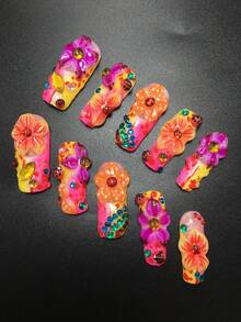 10 buah kuku tempel persegi buatan tangan ukuran 3,3 cm dengan hiasan kumbang, bunga, dan rhinestones, set stiker kuku, cocok untuk musim wisuda, liburan, dan pesta. Aksesoris kuku. Stiker kuku palsu dan perlengkapan manikur. - MultiWarna - View 4