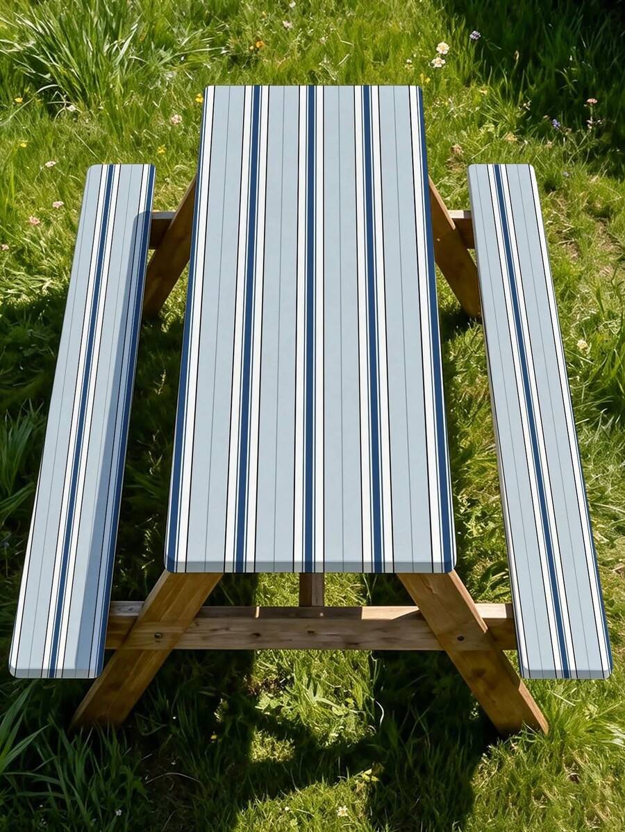 3 Pieces Picnic Tablecloth Set With Bench Cover, Elastic Edge Design, Striped Pattern, Washable Rectangular Tablecloth, Suitable For Weddings, Camping, Picnics, Garden Parties And More, Practical Essential - B - View 1