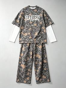 High Street Withered Leaf Camouflage 2 In 1 Long Sleeve Set, Gothic Letter Print Short Sleeve Layered Straight Wide Leg Pants Two Pieces Set - Black - View 3