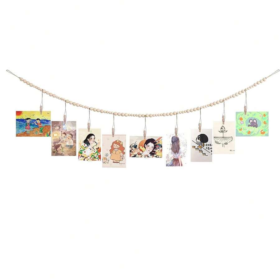 Home Decor Hanging Photo Display Wooden Bead Clips, Natural Wood Bead String Photo Storage Tassel Garland, Suitable For Home Wall Decoration - Multicolor - View 1