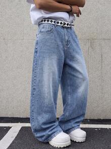 1pc American Vintage Washed Loose Wide Leg Men's Jeans, Non-Stretch Snowflake Wash Process - Blue - View 3