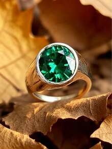 1 st silverfärgad rund signetring med grön zirkonia i infattning, unisex bred solid vintagefingerring, personlig, utan ask - Silver - Visa 5