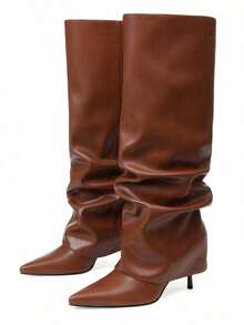 Stylish Women's Slouchy Knee High Boots Point Toe Stilettos Thin High Heels Ruched Design Wide Calf Shark Fold Over Boots Pull On Dress Party Shoes - 棕色 - 查看 2