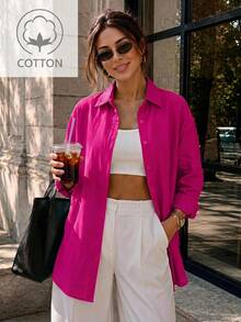 Women's Oversized Long Basic Shirt - Hot Pink - View 2