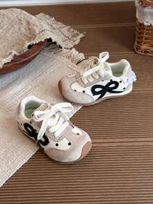 1 Pair Red Bow Decor Girls' Sports Shoes, Lace Trim Children's Training Shoes, Suitable For Christmas - Beige - View 4