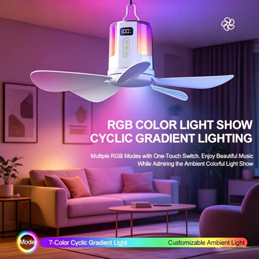 Ultra-Long Battery Life Portable USB Rechargeable Ceiling Fan With LED Night Light, Remote Control, Digital Display, Warm/White Color-Changing Night Light, 12-Speed Timer, Powerful Airflow, Suitable For Tent, Camping, RV, Travel, BBQ, Fishing