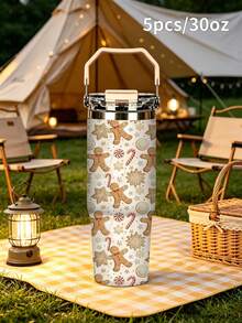 1pc/5pcs 30oz Stainless Steel Cup With Handle And Straw, Cute Christmas Gingerbread Man Candy Cane Snowflake Print, Leak-Proof Flip Lid, Suitable For Travel, Work, Fitness And Daily Outdoor Use - Beige-gingerbread Man - View 10