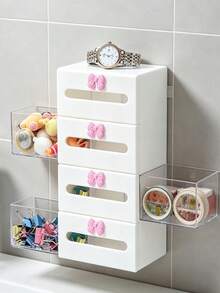 Wall-Mounted Visible Dust-Proof Storage Box With Heart Pattern Decoration, Cotton Swab & Accessory Organizer, Left-Right Pull-Out Small Item Storage Box, Wall-Mounted Makeup Organizer, No-Drill Plastic Storage Rack, Pull-Out Shelf For Bathroom And Dorm, Adhesive/Screw Installation, Space-Saving Lightweight Rack For Cosmetics, Headbands, Powder (No Tools Required) - Multicolor - View 9