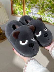 Winter Plus Size Men's Closed-Back Indoor Plush Slippers, Cute 3D Cartoon Angry Puppy Thick Sole Fuzzy Couple Slippers - Grey - View 15
