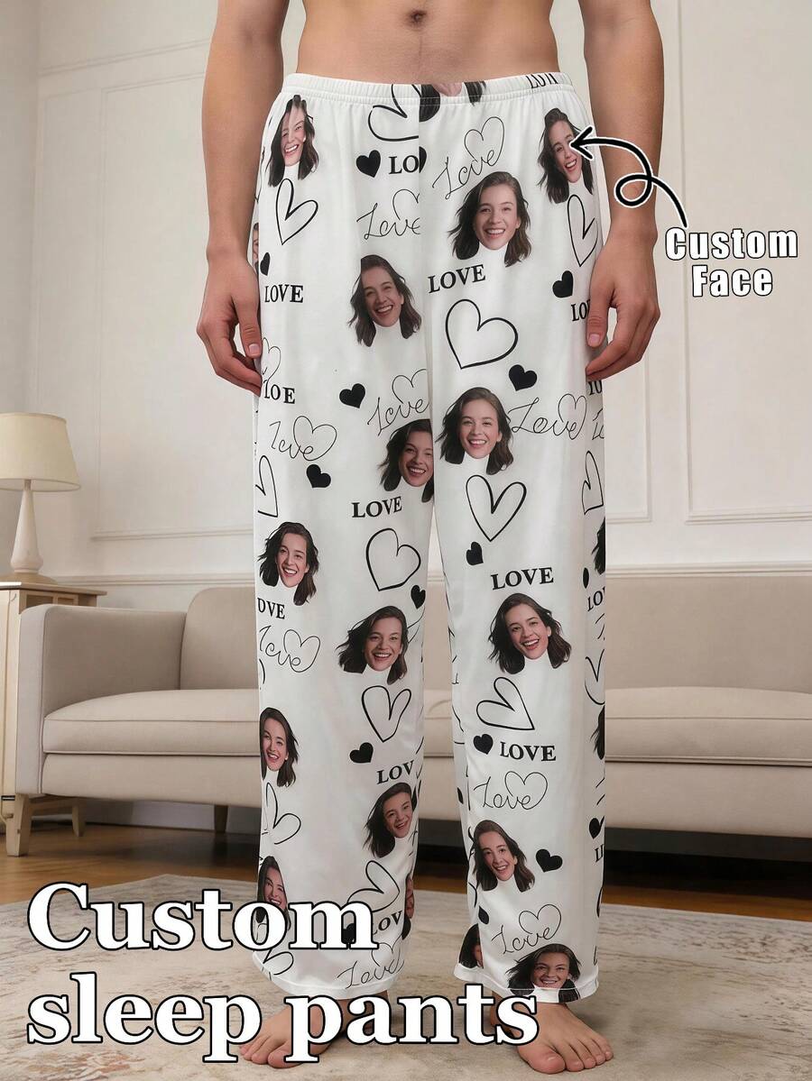 1pc Men's Customized Face Print White Loose Soft Comfortable Casual Pajama Pants, Suitable For Home Daily Wear - White - View 1