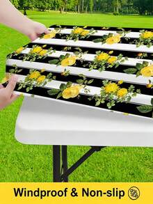 3 PiecesPicnic Tablecloth Set With Bench Cover, Elastic Edge Design, Line And Floral Pattern, Fresh Style, Washable Rectangular Tablecloth, Suitable For Wedding, Camping, Picnic, Garden Party And More, Practical Essential - B - View 6