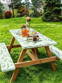 3 PiecesPicnic Tablecloth Set With Bench Cover, Elastic Edge Design, Floral Line Pattern, Washable Rectangular Tablecloth, Suitable For Wedding, Camping, Picnic, Garden Party And More, Practical Essential - F - View 2