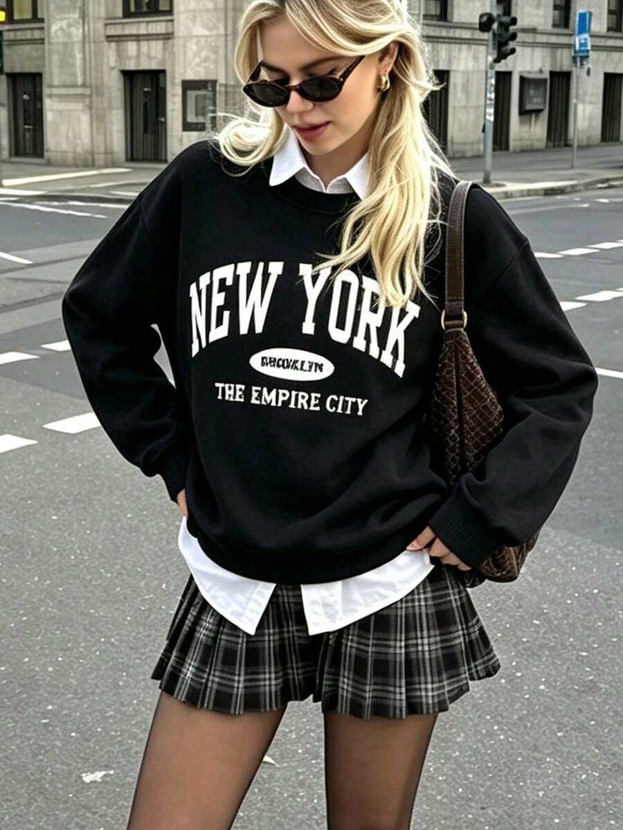 1-Piece Unisex Crew Neck Printed Sweater, Cotton-Polyester Blend, Soft And Versatile, Suitable For School And Commuting In Autumn And Winter - Black - View 1