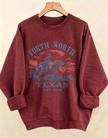 Women's Western Style Fort WorthTexasEST1849CowboyPatternHoodieSoftCrewNeckPulloverWith Cactus And Longhorn DesignComfortableCasualLongSleeve Sweater - 栗子色3 - 查看 2