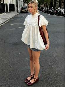 Women's Solid Color Blouse Shirt, Stand Collar Casual Minimalist Ruffle Sleeve Shirt White Summer - White - View 1