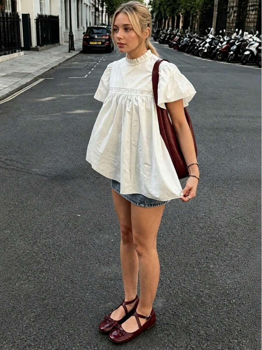Women's Solid Color Blouse Shirt, Stand Collar Casual Minimalist Ruffle Sleeve Shirt White Summer - White - View 1