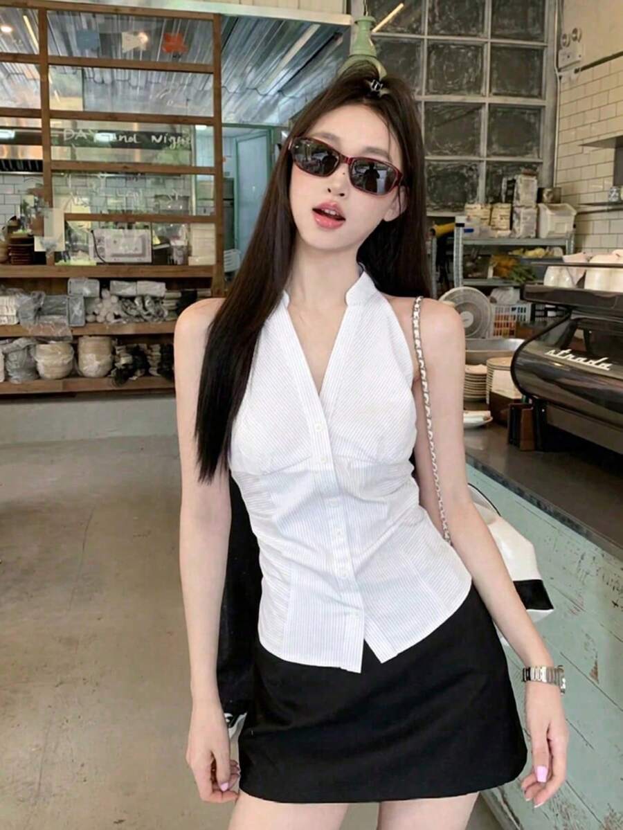 法式風格收腰條紋無袖女款夏季修身短版掛脖上衣 白色 - 白色 - 查看 1