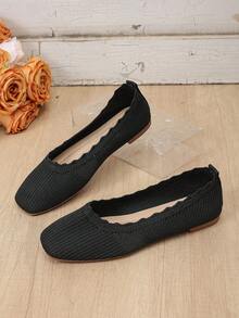 Black Minimalist Square Toe Knit Mesh Low Vamp Flat Slip-On Shoes For Women, Autumn New Classic Casual Exposed Instep Soft Woven Solid Color Commute Mesh Shoes - Black - View 3