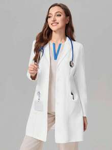 White Fashionable Lapel Large Pocket Lab Coat, Autumn - White - View 9