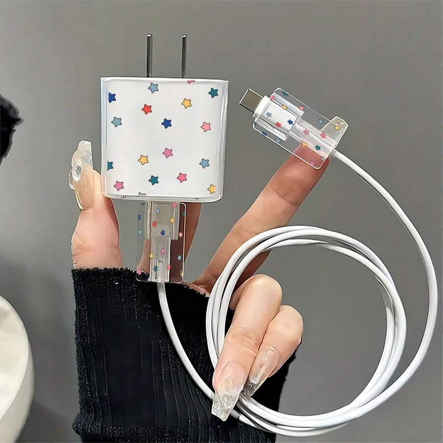 3pcs Colorful Small Star & English Letter Pattern Cable Protector And Charging Head Set, Compatible With IPhone 20W/18W Charger - Multicolor - View 1
