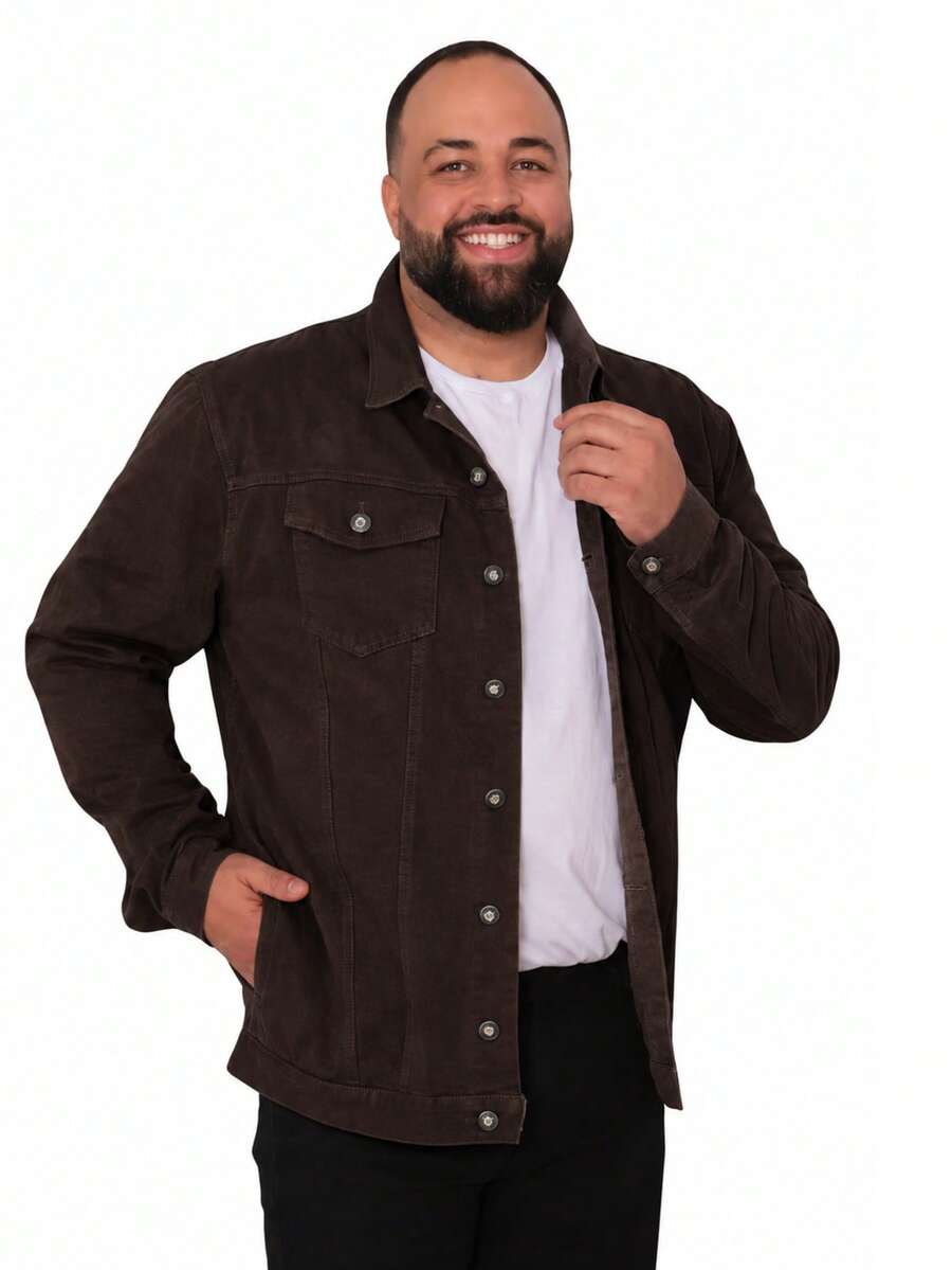 Jaqueta Masculina Plus Size de Sarja Marrom com Botões e Bolsos