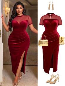 BIUBIU Plus Size Women's Elegant Maxi Dress, Round Neck Short Sleeve High Slit, Fitted Pleated Bodycon Prom Dress, Hoco Formal - Red - View 3