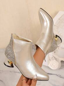 Champagne French Pointed Toe Autumn/Winter Single Boot Glitter Patchwork Back Zipper Elegant Versatile Ankle Boots For Women - Champagne - View 2