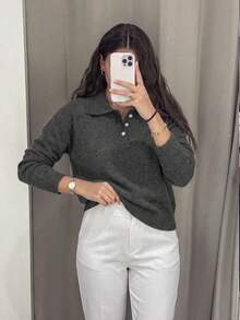 Women's Autumn/Winter New Polo Collar Solid Color Knit Sweater, Suitable For Office Commute, Business Professional, Casual Daily Wear - Grey - View 7