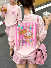 Tween Girls Cute Dumpling Graphic Long Sleeve Tee, "Shine Bright Lil' Dumplin" Letter Print Casual Top - Pink - View 7