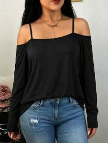 Women's Plus Size Solid Color Knit Fabric T-Shirt For Vacation Beach Summer - Black - View 2