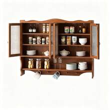 100CM Retro 4 Door Wall-Mounted Cabinet, Featuring Two Layers Of Storage Space And An Open Hook Rack Space,Suitable For Bathrooms, Kitchens, Dining Rooms, Brown - 棕色 - 查看 7