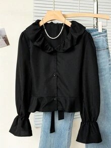Autumn Elegant Solid Color Ruffle Trim Blouse Black - Black - View 9