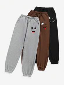 Women's 3-Piece Set Cartoon Funny Expression Print Sweatpants, Drawstring Elastic Waist Loose Casual Loungewear Sweatpants, Suitable For Home And Casual Wear - Multicolor - View 1