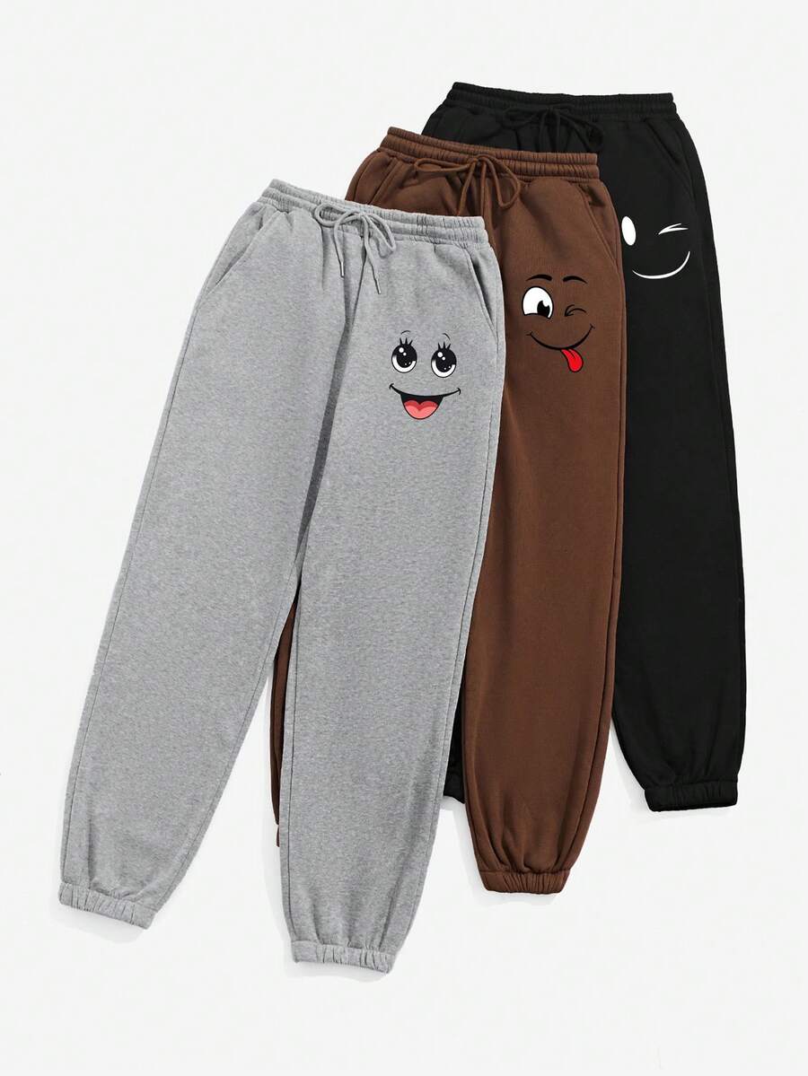 Women's 3-Piece Set Cartoon Funny Expression Print Sweatpants, Drawstring Elastic Waist Loose Casual Loungewear Sweatpants, Suitable For Home And Casual Wear - Multicolor - View 1