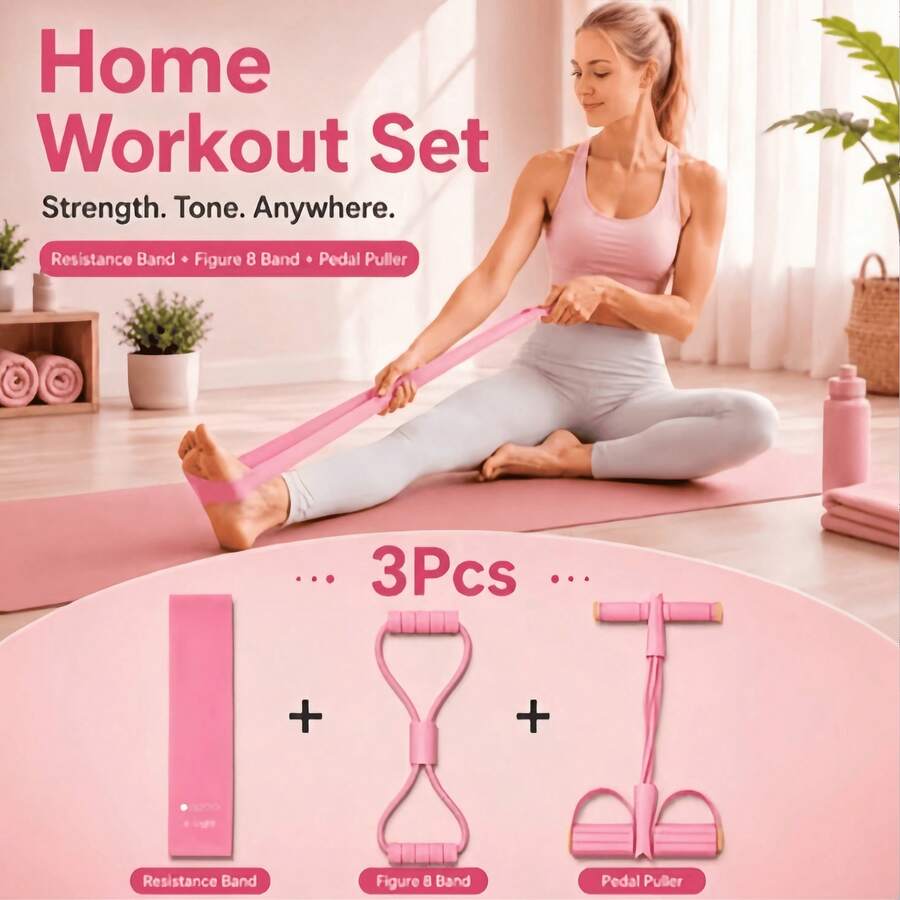 3pcs Yoga Resistance Band Set, 4-Tube Foot Pedal Abdominal Exerciser & 8-Shaped Back And Shoulder Stretch Rope And Yoga Resistance Band, Home Fitness Shaping Equipment For Waist, Abs, Legs And Arms - Multicolor - View 1