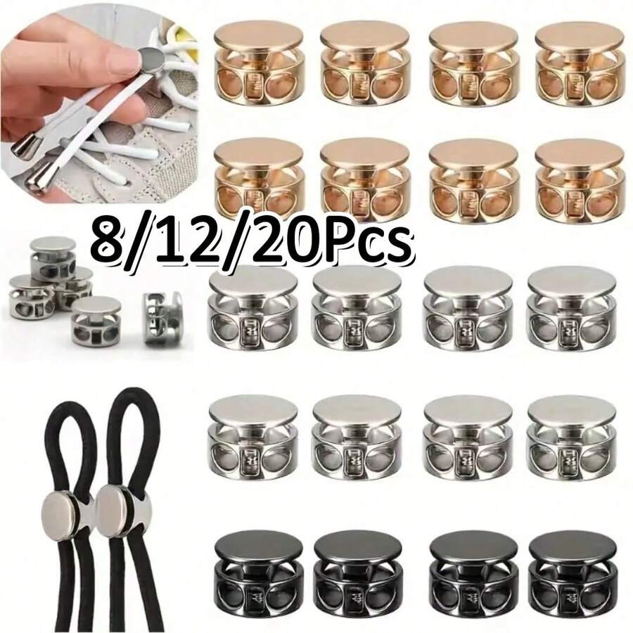 8/12/20Pcs No-Tie Shoelace Fasteners | Aluminum Alloy Spring Clips, Easy Installation, Cylindrical Dual-Hole Design, Anti-Slip Stopper, Suitable For Sports And Daily Footwear Metal Spring Rope Locks, Shoelaces, Backpacks, Drawstrings And Jacket Metal Adjustment Buckles