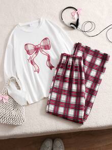 Tween Girls Bow Print Long Sleeve T-Shirt & Plaid Wide Leg Pants 2-Piece Set, Round Neck Loose Casual Outfit, Spring/Autumn Fashion Outing & Home Wear Set - Red - View 4