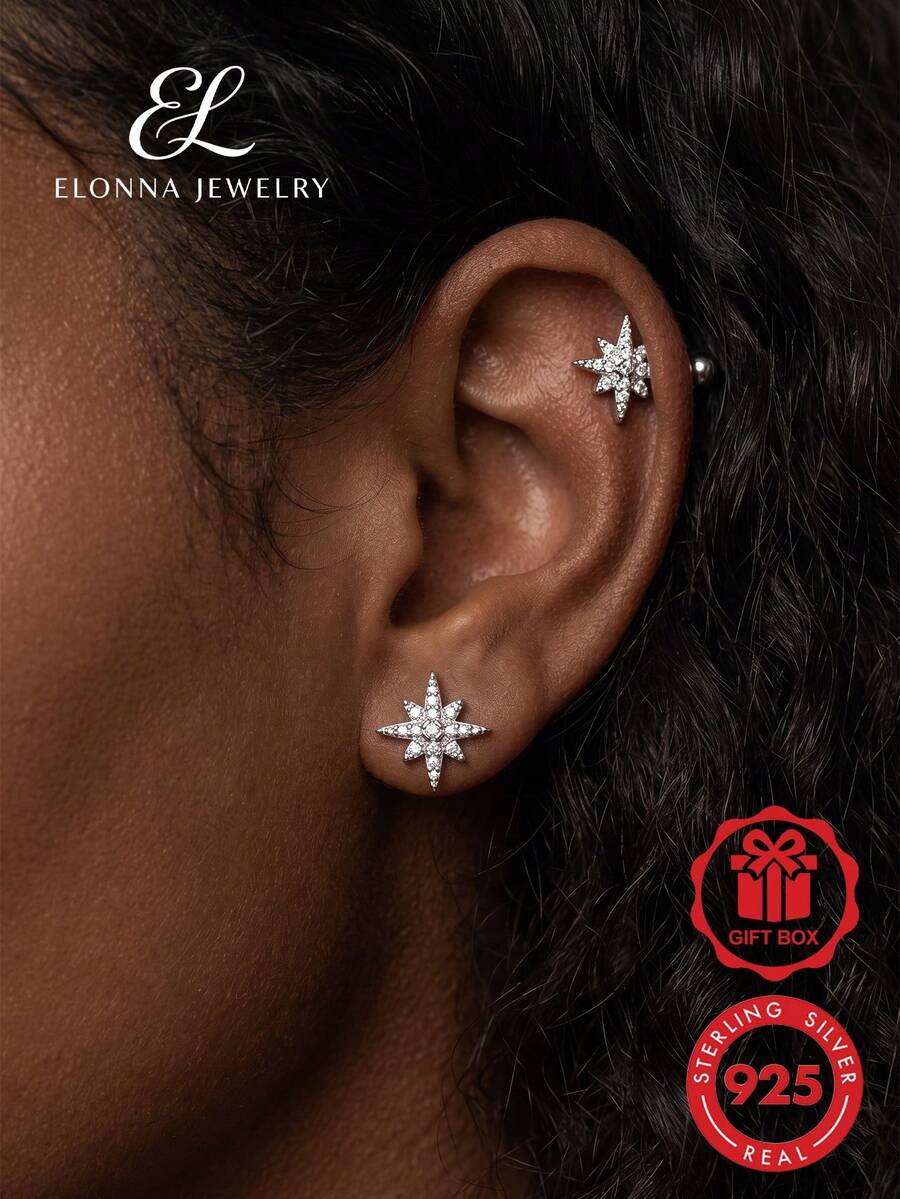SYMFNY 925 Sterling Silver Octagonal Star Stud Earrings, Unique Accessory, Suitable For Party, Daily Wear And Commute, Women's Jewelry - Silver - View 1