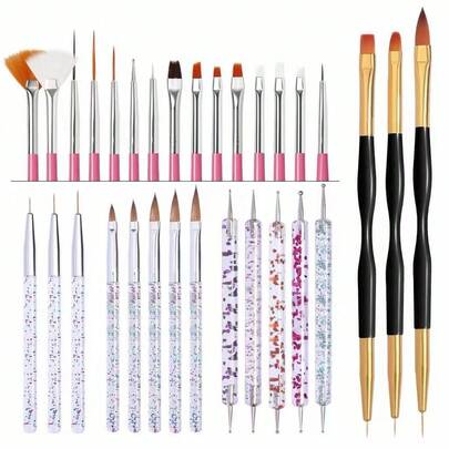 15/20/31pcs Nail Art Brush Set With Glitter Rod Dotting Tool, Black & Gold Slim Handle Acrylic Rhinestone Dotting Pen Brush Combo, Professional Nail Painting Brushes For Line Detail And Gradient Painting, Suitable For Nail Salon And DIY, UV Gel Acrylic Nail Design Tool Kit