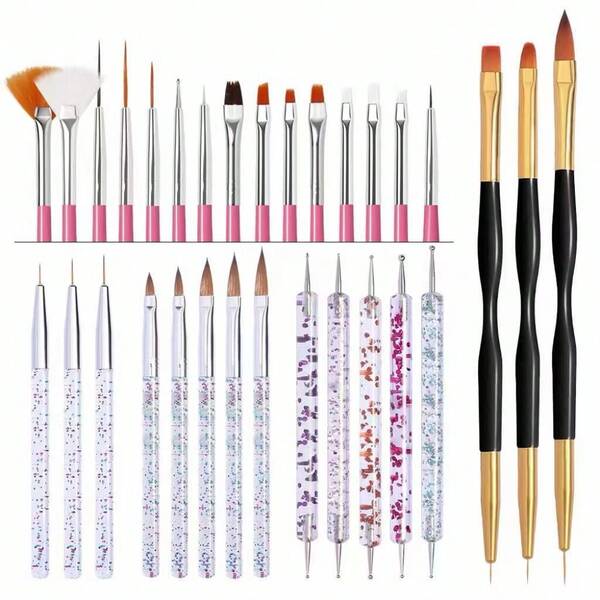 15/20/31pcs Nail Art Brush Set With Glitter Rod Dotting Tool, Black & Gold Slim Handle Acrylic Rhinestone Dotting Pen Brush Combo, Professional Nail Painting Brushes For Line Detail And Gradient Painting, Suitable For Nail Salon And DIY, UV Gel Acrylic Nail Design Tool Kit