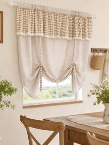 1pc Vinatge Plaid Valance Tie Up Curtain, Farmhouse Linen Balloon Window Shade, Light Filtering Adjustable Bow Roman Curtain For Bedroom Kitchen Cafe Window Decor - Beige - View 3